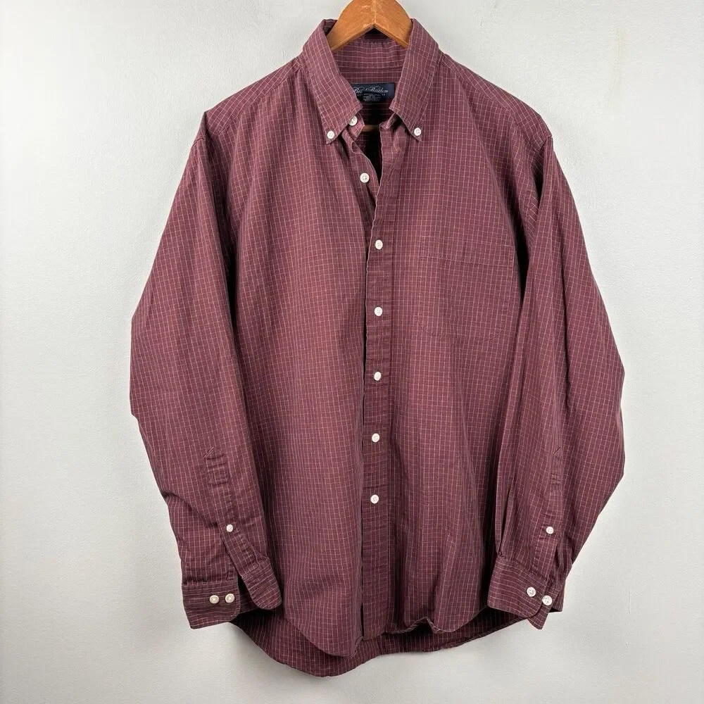 Brooks Brothers Mens M Rust Burgundy Check Cotton long sleeve Button Down Cotton
